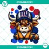 Highland Cow wearing New York Giants football attires, PNG file for sports fans, team spirit concept.