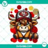 Highland cow wearing San Francisco 49ers football gear, PNG image for sports fans and animal lovers.