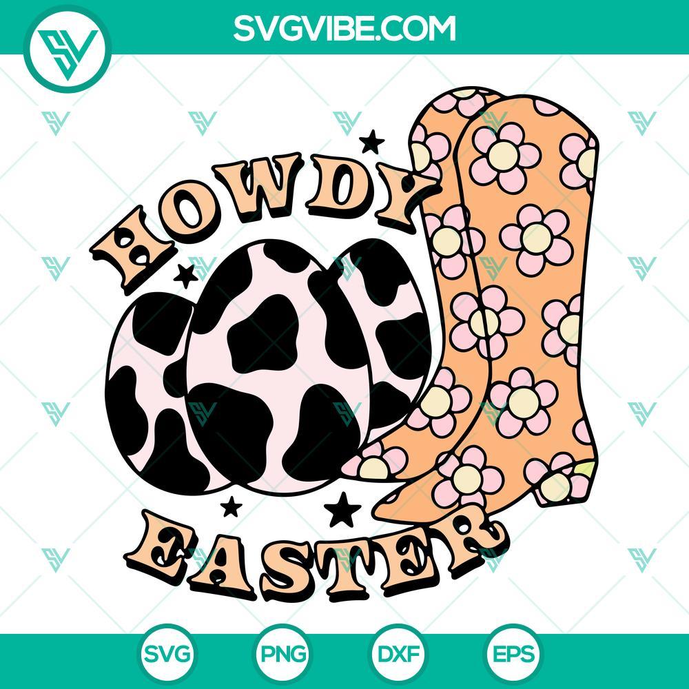 howdy-easter-svg-cowhide-easter-eggs-svg-flower-cowboy-boots-svg-western-easter-svg-5-mockup.jpg Cowhide Easter eggs, flower cowboy boots, and "Howdy Easter" SVG files for Easter-themed digital design projects.