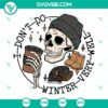 Cozy winter-themed SVG downloads featuring a skull drinking coffee design. Perfect for crafting projects.