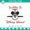Disney World vacation-themed embroidery designs with Mickey Mouse flying in an airplane, perfect for a fun holiday project.