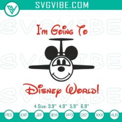 Disney World vacation-themed embroidery designs with Mickey Mouse flying in an airplane, perfect for a fun holiday project.