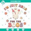 Ghost-themed design "I'm Just Here For The Boos" SVG featuring a ghost holding a wine glass. Ideal for Halloween crafts.