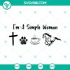 Simple woman design with Jesus, horse, dog, and coffee SVG files on white background. Perfect for crafting projects.