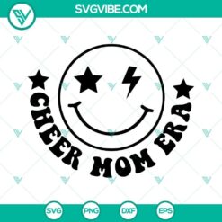 Cheer Mom Era SVG images with smiley face, Cheer Mom design for cheerleading enthusiasts.