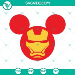 Iron Man themed Mickey Mouse ears SVG cut files featuring PNG, DXF, and EPS formats for crafting projects.