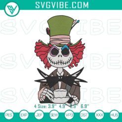 Jack Skellington Mad Hatter Halloween Embroidery Design, spooky crossover digital file for Halloween crafts.
