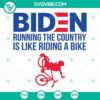 Joe Biden running the country design PNG illustration showing Biden riding a bike, symbolizing leadership and management skills.