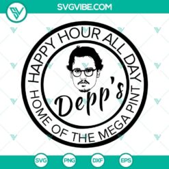 Johnny Depp SVG file with "Happy Hour All Day Home of the Mega Pint" design, perfect for crafting and fan projects.