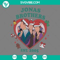 Jonas Brothers Est 2005 Christmas SVG File featuring the band with Santa hats, SVG download for holiday crafting projects.