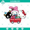 Cute holiday-themed digital SVG files featuring Kitty Chococat, My Melody, and Hello Kitty, perfect for Christmas crafts.
