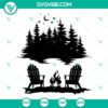 Adirondack chairs around campfire at lakeside with forest background, SVG file for digital designs. Ideal for rustic-themed projects.