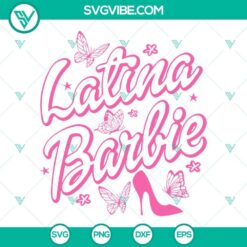 Latina Barbie SVG featuring a pink doll, downloadable PNG and DXF file for craft projects.