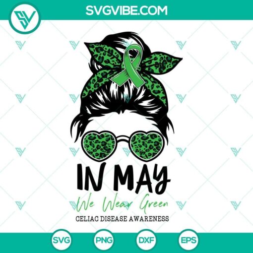 leopard messy bun celiac disease awareness svg in may we wear green celiac disease awareness svg green ribbon awareness svg png dxf eps 3 mockup