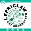 Lepriclaw Get Shamrocked SVG design for St. Patrick's Day celebration, featuring a humorous leprechaun holding a shamrock. Perfect for festive crafts.