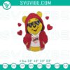 Disney Pooh bear holding a red heart, Valentine's Day embroidery design. Classic and cute theme for digital crafting projects.