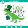 Lucky Saurus Rex SVG download with Tyrannosaurus in leprechaun hat, St Patrick's Day themed design with green and gold elements.