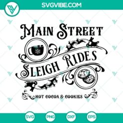 Main Street Sleigh Rides and Hot Cocoa SVG featuring Mickey Mouse, perfect for Christmas crafts and holiday projects.