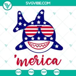 Merica Shark SVG with US flag sunglasses, perfect for July 4th designs. Ideal for patriotic projects and Independence Day crafts.
