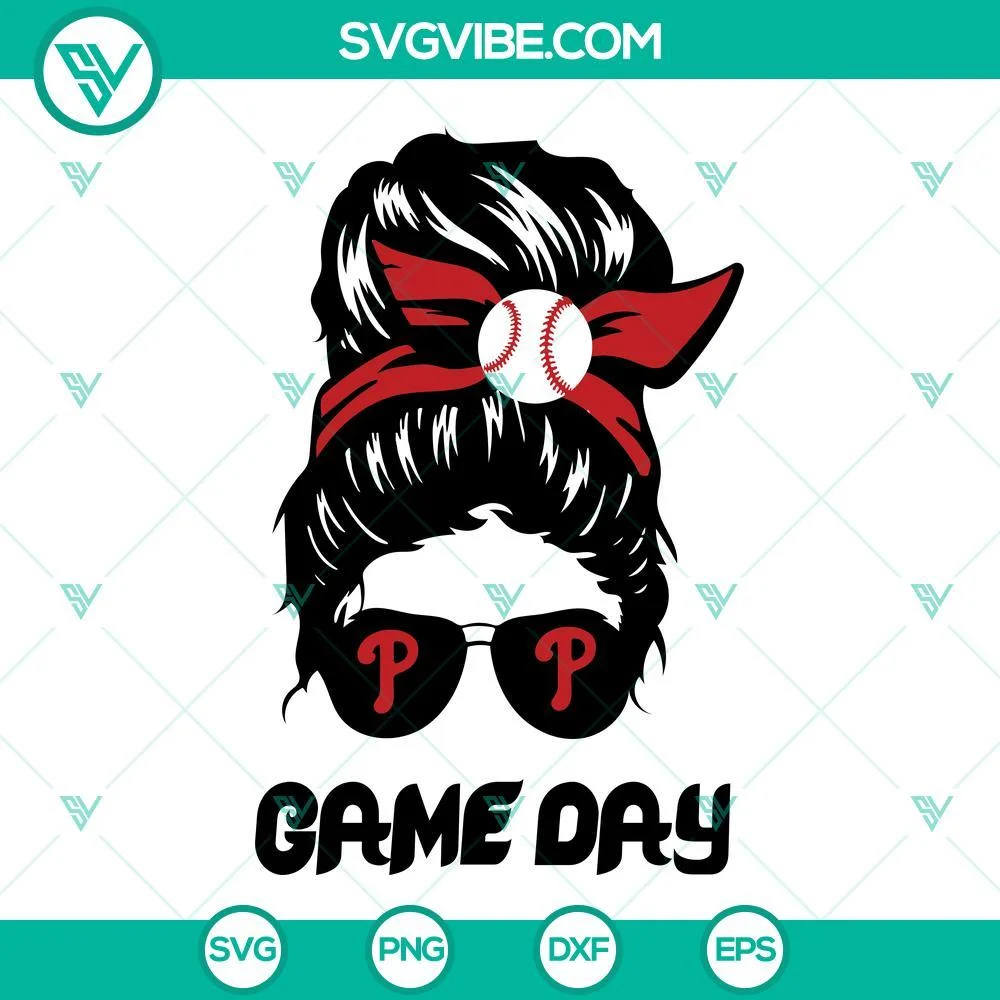 Baseball, Sports, SVG Files, Messy Bun Phillies P SVG Images, Game Day SVG 1