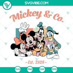 Vintage Mickey and Friends SVG file, Disney themed design with "Mickey And Co Est 1928" text, perfect for crafting projects.