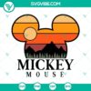 Disney Mickey Mouse head silhouette against sunset mountain backdrop in SVG file format download for Disney family.