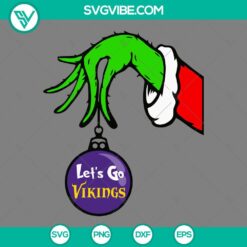 Minnesota Vikings themed Grinch hand holding Christmas ornament SVG file, perfect for holiday crafts and decorations.
