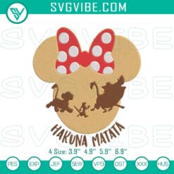 Disney's Minnie Mouse safari vacation-themed Hakuna Matata embroidery designs for digital download.