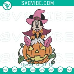 Minnie Mouse witch on pumpkin embroidery design for Halloween, Disney file.