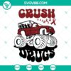 Monster truck crushing drugs on red ribbon background, Drug Free themed SVG image for Red Ribbon Week.