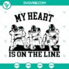 Football player in action with heart-themed line art design, SVG files for download in PNG and DXF formats. Great for sports craft projects.