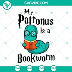 Book lover SVG design with cute librarian theme, featuring "My Patronus Is A Bookworm". Perfect for literary enthusiasts.
