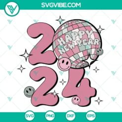 Happy New Year, SVG Files, New Year 2024 SVG File, Smile Face Disco Ball Happy 11