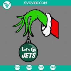 New York Jets Grinch hand holding ornament SVG files for Christmas, football team holiday design.