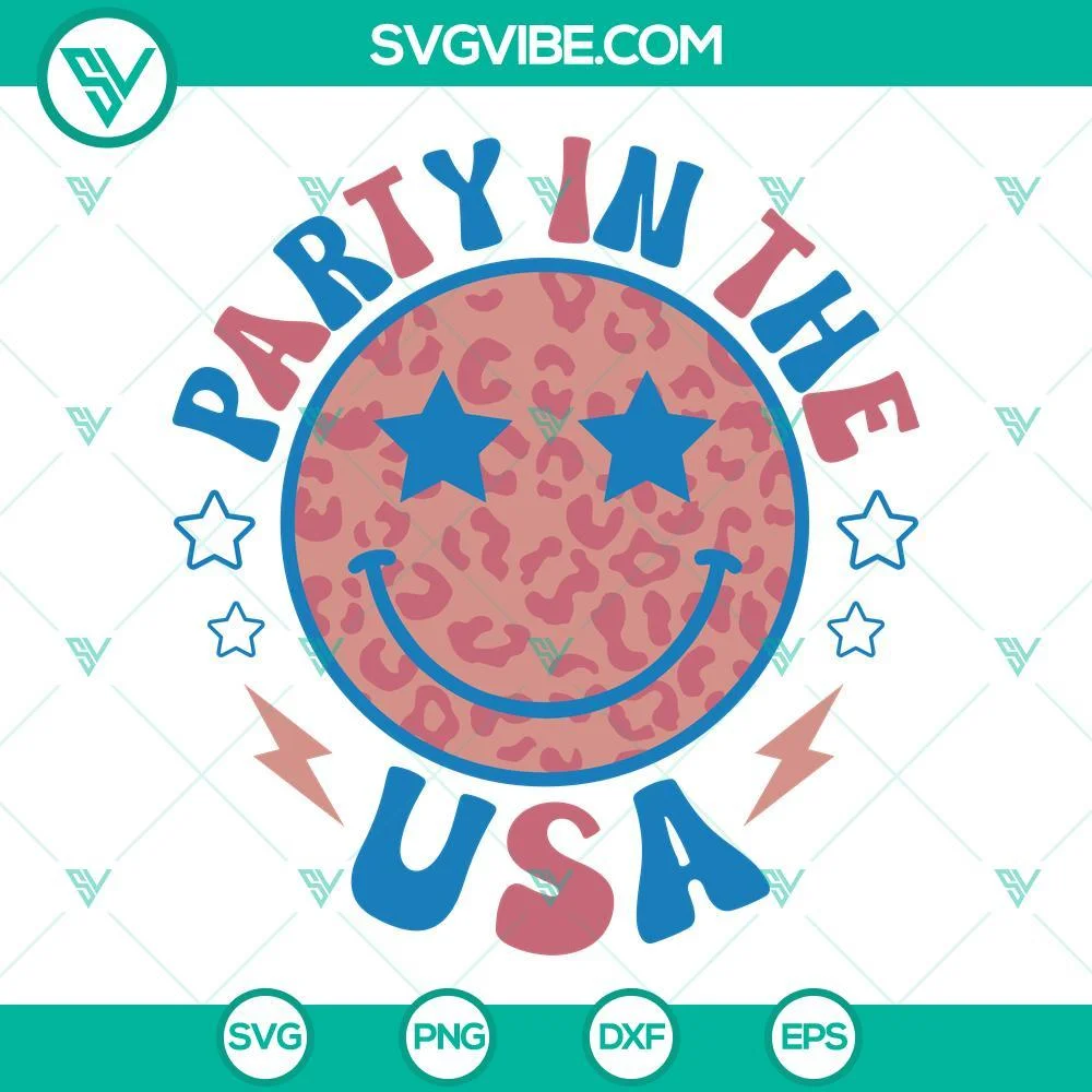 4th Of July, SVG Files, Party In The USA Leopard Smiley Face SVG File, Retro 1