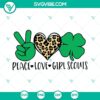Girl Scouts themed SVG with peace, love, shamrock, and leopard heart design for St. Patrick's Day craft projects.