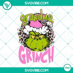 Pink Grandma Grinch PNG designs for Christmas with a floral crown on a transparent background.