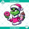 Pink Grinch holding Dunkin' Donuts, PNG download file, Christmas character design, holiday clipart, festive digital illustration.