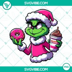 Pink Grinch holding Dunkin' Donuts, PNG download file, Christmas character design, holiday clipart, festive digital illustration.