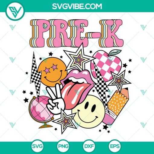 pre k svg kindergarten svg retro groovy svg first day of school svg png dxf eps 5 mockup