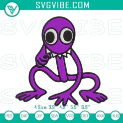 Purple rainbow friends embroidery machine file with unique characters, vibrant colors. Perfect for crafts and projects.