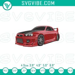 Red Nissan Skyline R34 GTR embroidery file with sports car design, perfect for car enthusiasts and automotive embroidery projects.