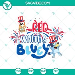 Bluey and Bingo from the show Bluey dancing together in a red, white, and blue themed SVG file for 4th of July celebration.