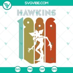 Retro Hawkins 1986 and Demogorgon SVG images from Stranger Things with PNG files, ideal for fans and crafts.