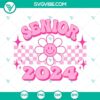 Senior 2024 pink smiley face flower SVG download with checkered groovy school design for digital use.