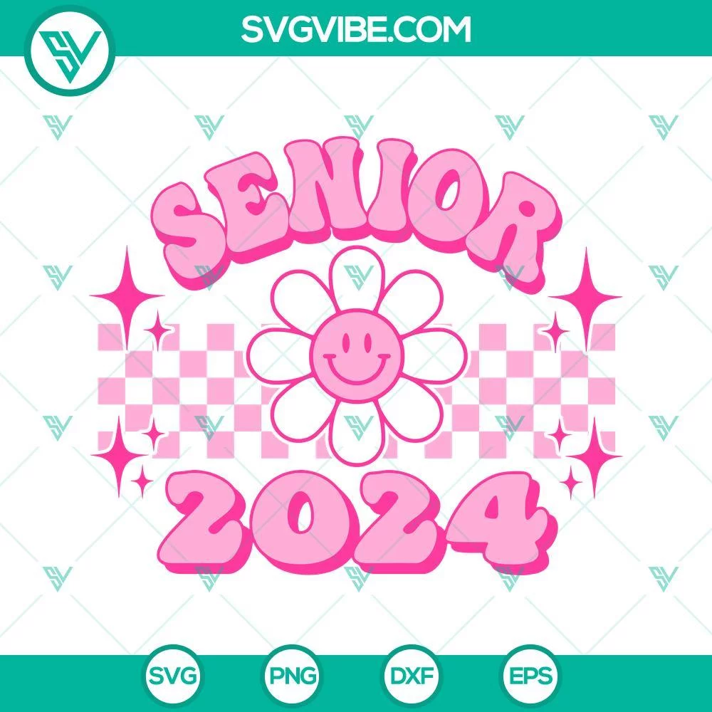 School, SVG Files, Senior 2024 Pink Smiley Face Flower SVG Download, Checkered 1