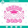 Senior 2024 Smiley Pink SVG images for graduation featuring retro checkered design. Download stylish and celebratory graduation SVG images.