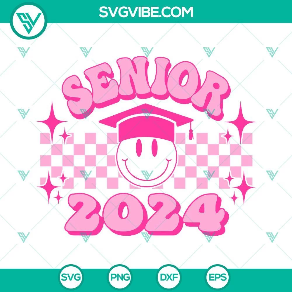 School, SVG Files, Senior 2024 Smiley Pink SVG Images, Graduation SVG Download, 1