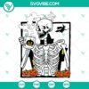 Halloween-themed skeleton drinking coffee SVG file with a pumpkin motif, ideal for digital crafting projects.