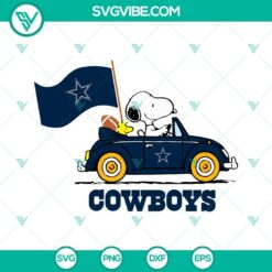 Snoopy Car Dallas Cowboys themed cut files in SVG, PNG, DXF, and EPS formats for digital crafting projects.